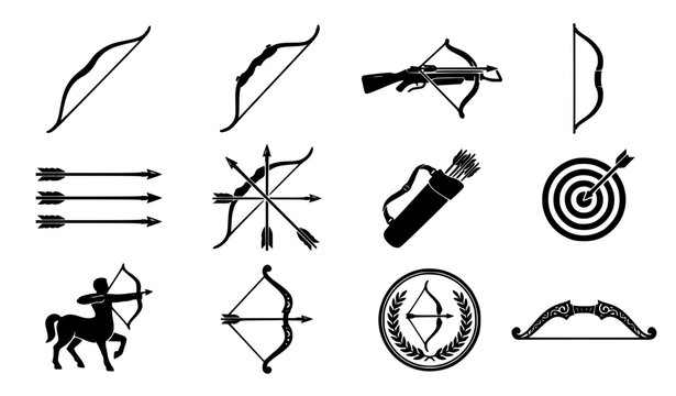 Archery Bow and Arrow Black Silhouette Vector Set for Horoscope Zodiac Symbol, Lag BaOmer Holiday, Archery Sports Club and Hunting Design