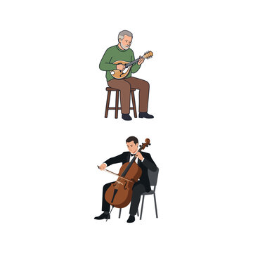 Set of professional musicians playing acoustic instruments including a mandolin player and a classical cellist performing