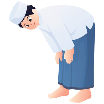 Illustration of a boy performing rukuk bowing posture in Islamic solat instruction.