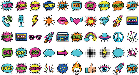 Retro Comic Book Speech Bubble and Pop Art Icon Set Featuring Vibrant Halftone Text Explosions, Retro Cassettes, and 90s Sticker Graphic Vector Designs © Kuddus