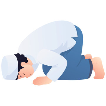 Illustration of a boy performing sujud prostration in Islamic prayer movement sequence.