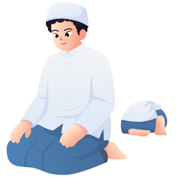 Illustration of a boy sitting between prostrations in prayer for Islamic solat step instruction.