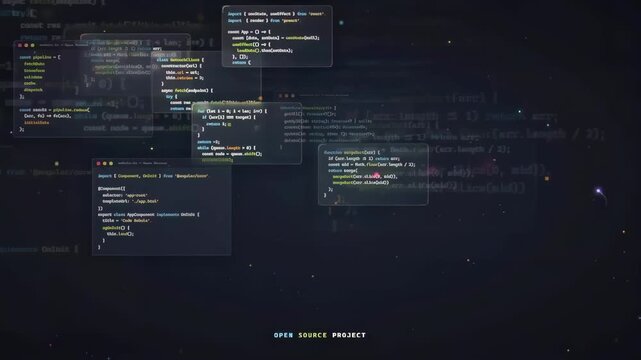 Abstract Digital Background with Floating Programming Code Snippets and Glowing Particles in Dark Space