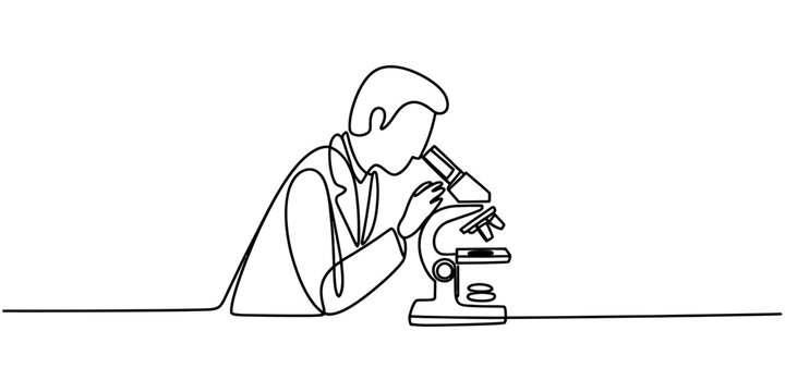 Continuous line drawing of a scientist using a microscope