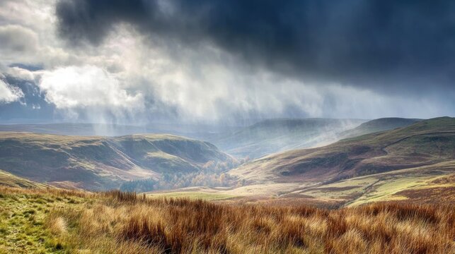 Dramatic rain showers over rolling hills under dark, stormy clouds