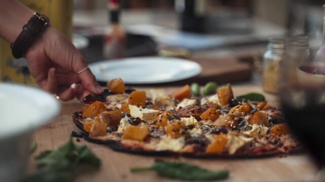 Waiter Serving Tray with Delicious Italian Pizza, Gourmet Meal and Fresh Dishes on Restaurant Table for Dinner Service