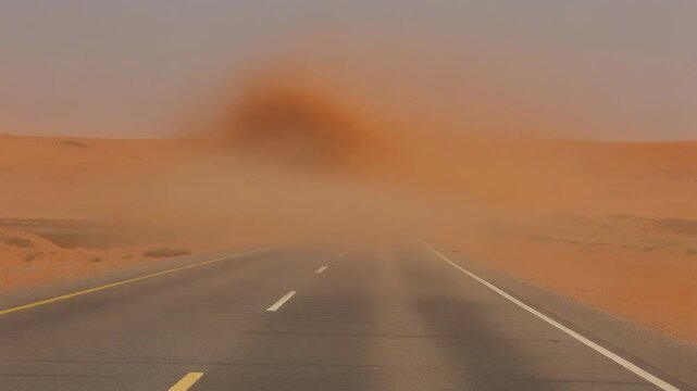 Desert Road Sandstorm: Blowing Dust Cloud Reducing Visibility