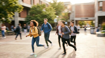 Fototapeta premium Diverse College Students Running Across Campus Courtyard Together, Energetic Young Adults Rushing to Class, Education and University Life Concept