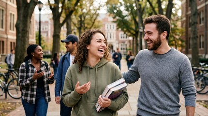 Fototapeta premium Diverse group of happy college students walking and talking on a university campus path during autumn semester, representing friendship and education