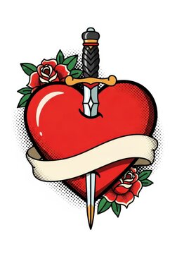 Old School Traditional Tattoo Style Illustration of a Red Heart Pierced by a Dagger with Roses and Blank Ribbon Banner