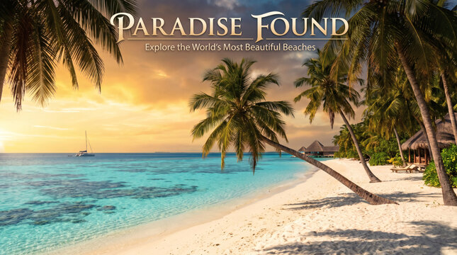 Tropical beach landscape with leaning palm trees over turquoise ocean water at sunset featuring a serene island coastline and distant sailboat on the horizon