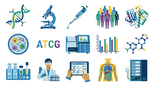 Biotechnology Icons Set: DNA, Microscope, Cells, Lab Equipment, Human Anatomy, Data