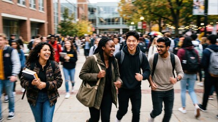 Fototapeta premium Diverse Group of Happy College Students Walking Together on University Campus Pathway During Autumn Semester for Education Concept