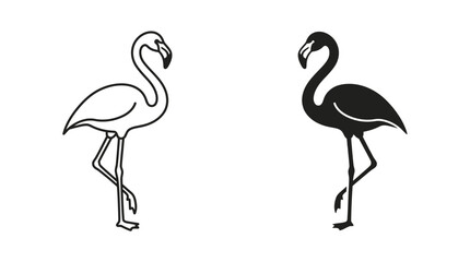 Minimalist black and white flamingo line art and solid silhouette vector icons © Tulippp