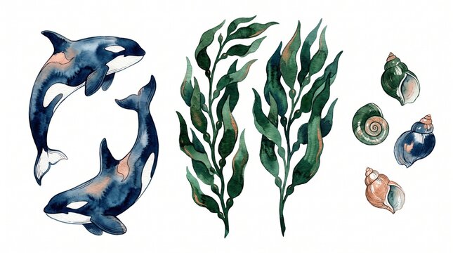 Watercolor marine life collection, two killer whales, dark green seaweed, and three seashells, hand-painted ocean elements for summer designs.