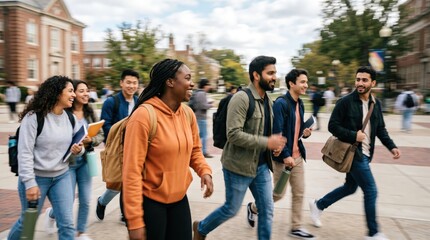 Obraz premium Diverse Group of Young Adult College Students Walking Together on University Campus Pathway Representing Academic Collaboration and Friendship