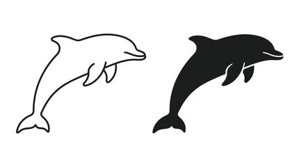 Minimalist dolphin vector illustration set with silhouette and outline © Tulippp