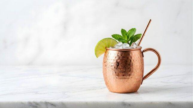 Refreshing Moscow Mule Cocktail In A Traditional Copper Mug With Lime And Mint Garnish On A White Marble Surface