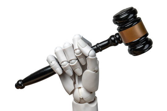 White robotic hand gripping a wooden judge's gavel isolated on a white background. Artificial intelligence regulation, automated court rulings, algorithmic justice, AI copyright law concept.