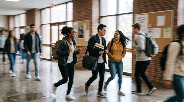 Diverse Group of Happy High School Students Walking and Talking in School Hallway During Break Time Concept of Education and Friendship