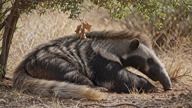 A giant anteater rests quietly underneath a dry shrub as the mammal seeks shelter from the intense heat within the vast grassy plains of the Brazilian savanna during a bright sunny afternoon day