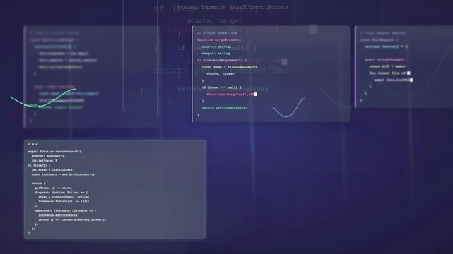 Abstract Digital Background with Floating Programming Code and Data Streams on Dark Blue Backdrop