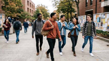 Obraz premium Diverse group of college students walking and talking on university campus, young multiethnic friends with backpacks heading to class, education and friendship concept