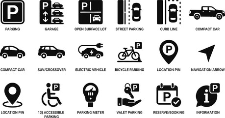 Fototapeta premium Collection of Vehicle Parking and Automotive Infrastructure Icons for Navigation and Urban Traffic Systems