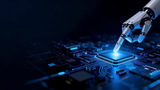 Robot hand interacting with a glowing circuit board