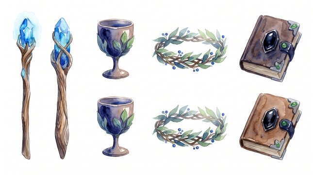Fantasy magic items watercolor illustration set, mystical wizard staff with glowing blue crystal, ancient chalice, enchanted laurel wreath, and old spell book
