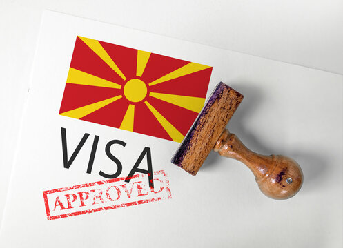 North Macedonia Visa Approved with Rubber Stamp and flag
