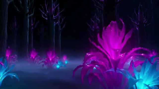Enchanted forest with glowing purple and blue exotic plants in the dark mist.