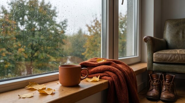 Cozy Autumn Window Scene with Warm Mug and Knitted Sweater for Fall Seasonal Comfort and Hygge Lifestyle Concept Photography