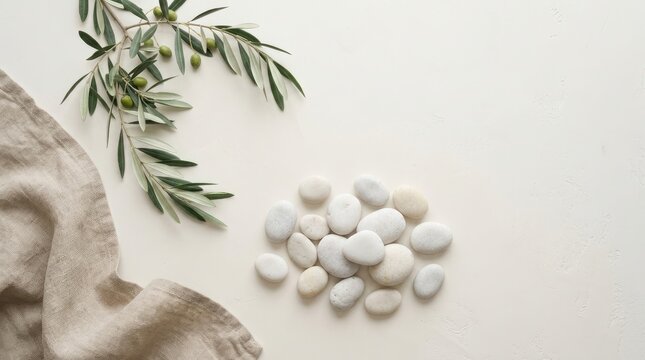 Green olive branch and white stones on beige linen with copy space