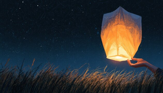 Hand releasing glowing lantern into starry night sky over grass