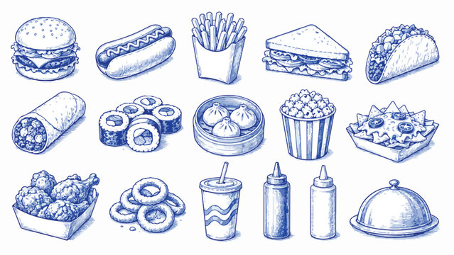 Hand drawn fast food icons set, blue ink sketch of 15 street food elements, vintage ballpoint pen style restaurant menu graphics