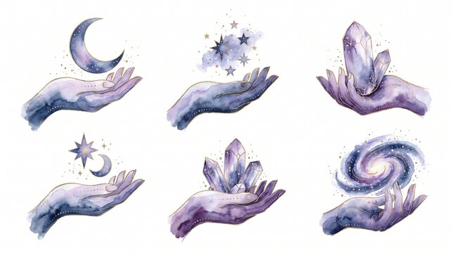 Mystical watercolor hands holding celestial elements, a spiritual collection of magical illustrations. Esoteric hand gestures with stars, moon, and galaxy
