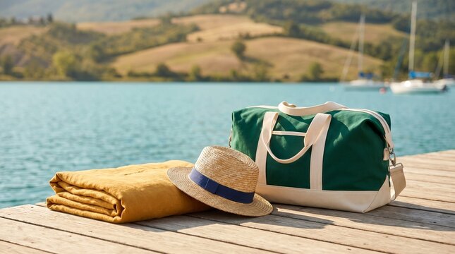 Green Canvas Duffel Bag and Straw Hat on Wooden Dock by Lake for Summer Travel Vacation Concept and Weekend Getaway Lifestyle Photography