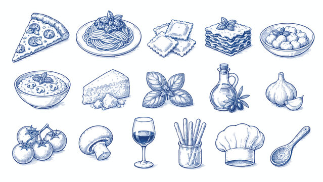 Vintage Italian food sketches, hand drawn blue ink illustrations of pasta and pizza, 15 rustic Mediterranean cuisine icons for restaurant menu design