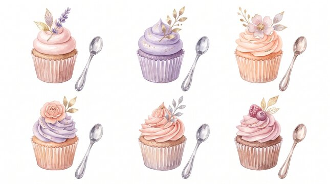Watercolor cupcake collection, a delightful set of six pastel dessert illustrations with elegant floral accents and silver spoons, perfect for bakery branding or sweet treat designs
