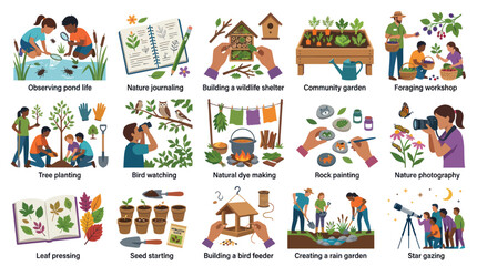 Fototapeta premium Flat Vector Illustration Set of Nature Activities for Environmental Education, Outdoor Hobbies, and Sustainable Living