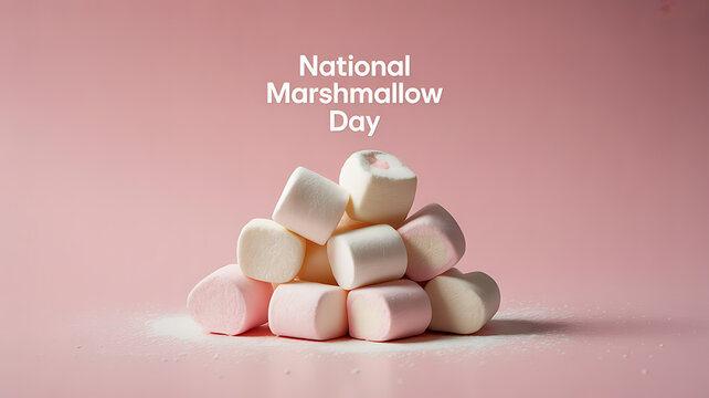 A pile of marshmallows on a pink background celebrating National Marshmallow Day