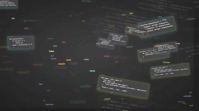 Abstract digital data visualization with floating code snippets and programming scripts on dark background