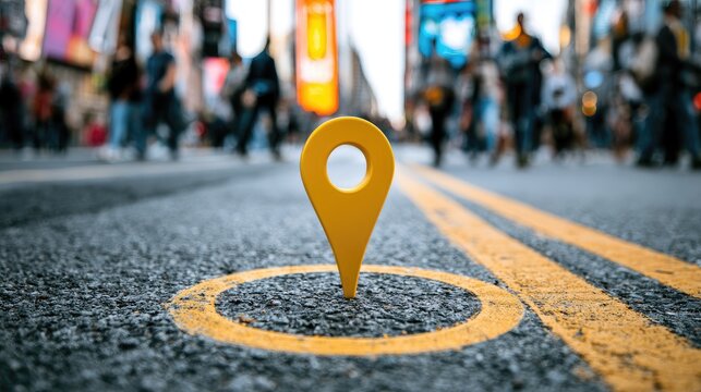 A bright yellow map pin sits on a street in a bustling city, surrounded by blurred people