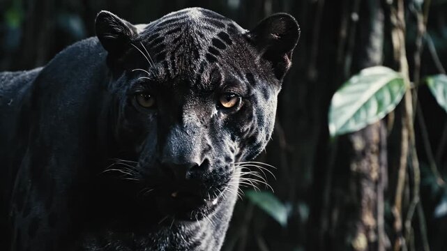 A fierce black panther gazes intensely with golden eyes while moving through the dense tropical rainforest foliage of its natural wild habitat during a cloudy afternoon in the deep jungle