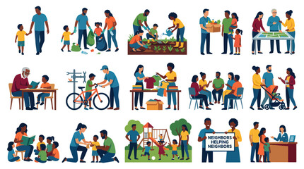 Fototapeta premium Diverse Flat Vector Illustration: Community, Social Services, Volunteering, Family Neighborhood Life