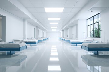 Fototapeta premium Long, sterile hospital corridor with rows of empty beds under bright lights