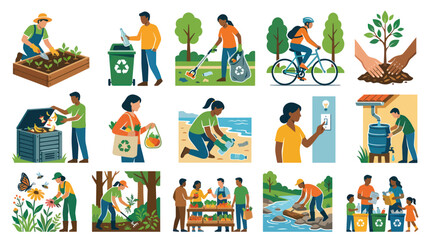 Fototapeta premium Eco-friendly lifestyle: gardening, recycling, biking, planting trees, saving energy, composting, and community