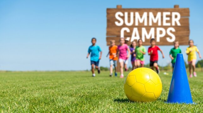 Group of diverse children running towards camera on summer camp field with soccer ball and cone for active outdoor sports training and recreation