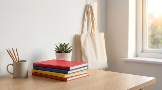 Minimalist home office desk setup with colorful stack of books and succulent plant for student study or creative workspace concept